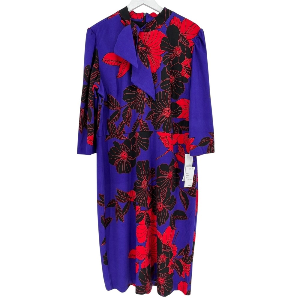 Liz Claiborne Sheath Dress Women XXL Purple Red Floral Tie Neck Midi Office Bold